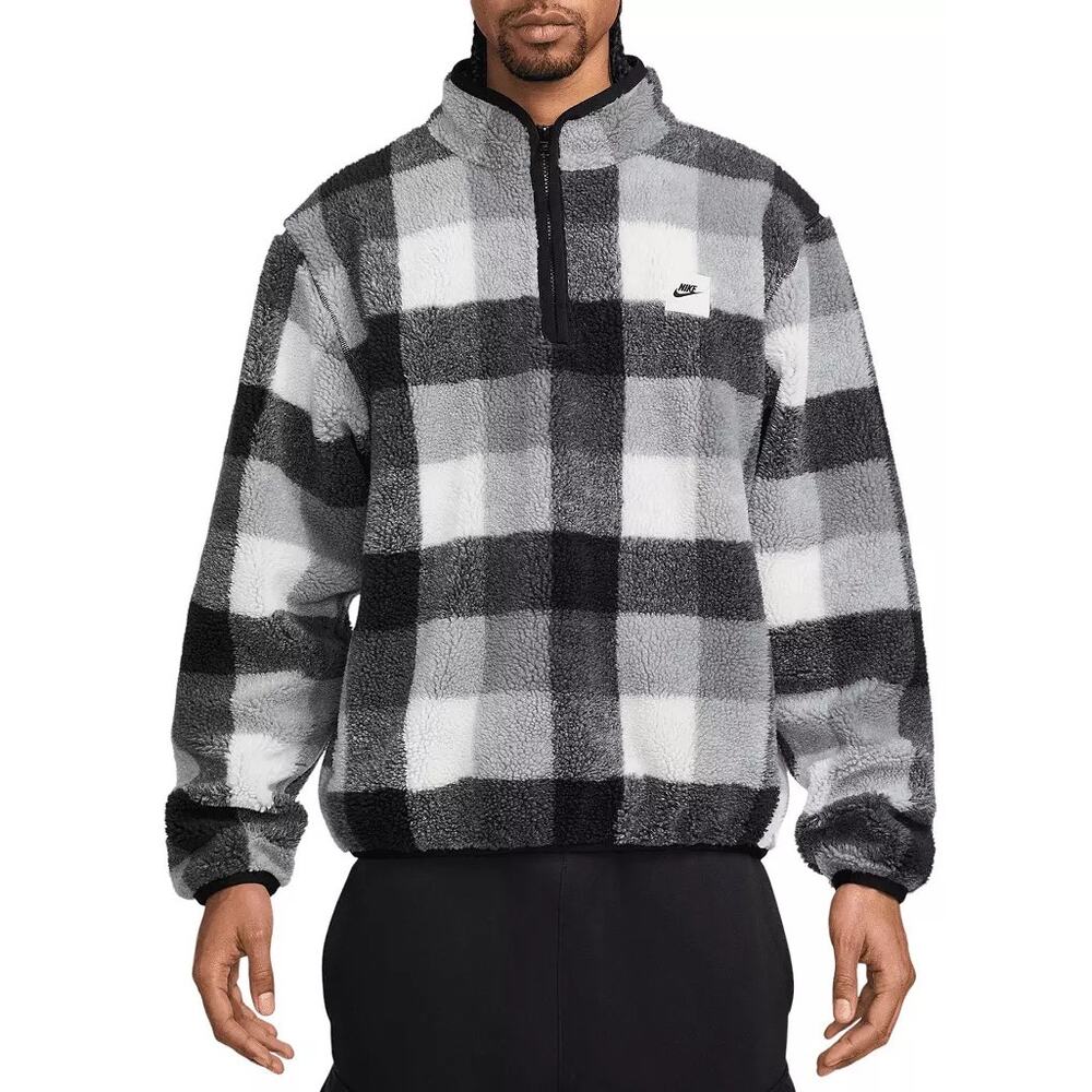 Nike Men's Club Winterized Black Plaid Fleece 1/2 Zip Jacket
